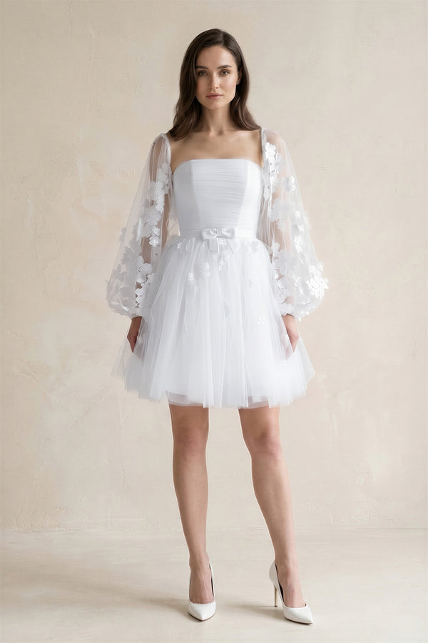 White Appliqued A-Line Tulle Strapless Mini Wedding Dress With Sleeves | KISSBRIDAL