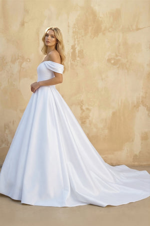 White Ball-Gown Off the Shoulder Satin Wedding Dresses (3) | KISSBRIDAL