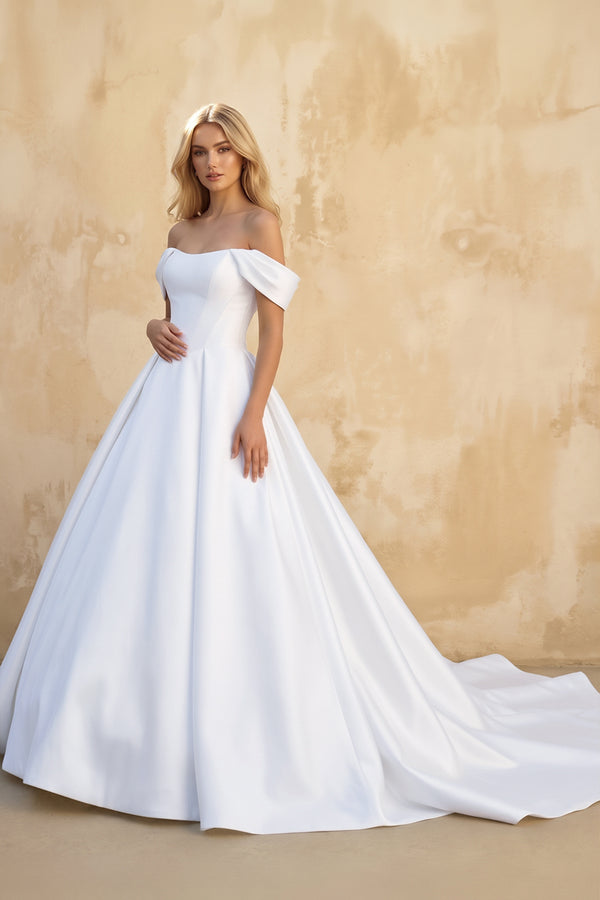 White Ball-Gown Off the Shoulder Satin Wedding Dresses | KISSBRIDAL