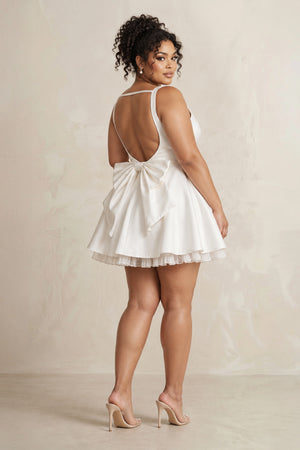 White Boat Neck Satin Ruffled Mini Wedding Dress (2) [sizeplus] | KISSBRIDAL