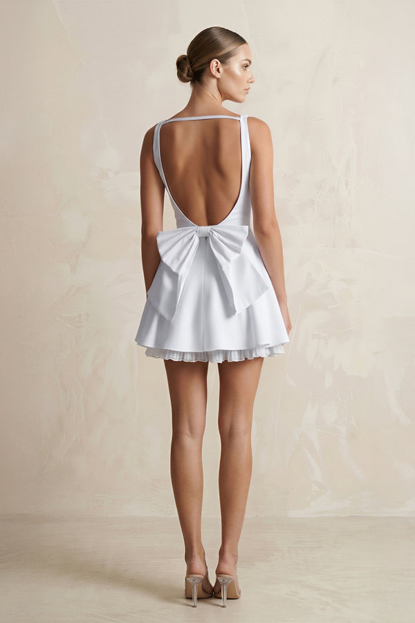 White Boat Neck Satin Ruffled Mini Wedding Dress (2) | KISSBRIDAL