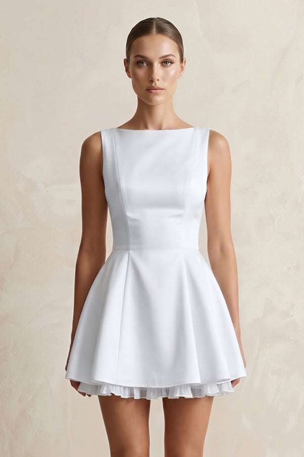 White Boat Neck Satin Ruffled Mini Wedding Dress (3) | KISSBRIDAL