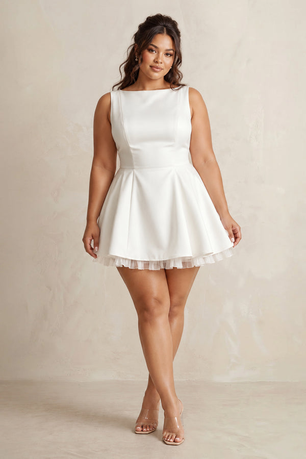 White Boat Neck Satin Ruffled Mini Wedding Dress [sizeplus] | KISSBRIDAL