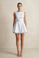 White Boat Neck Satin Ruffled Mini Wedding Dress | KISSBRIDAL
