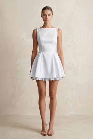 White Boat Neck Satin Ruffled Mini Wedding Dress | KISSBRIDAL