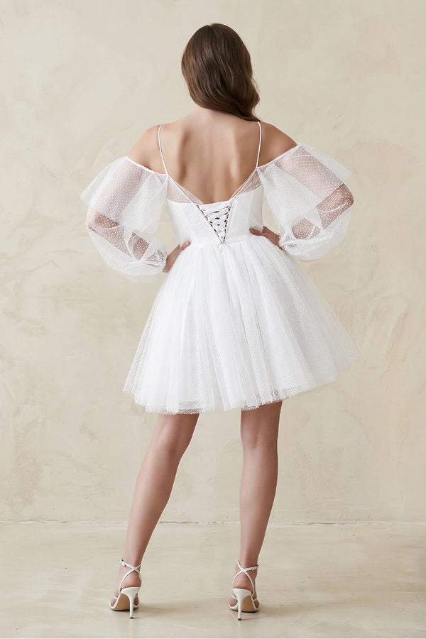 White Cold-Shoulder A-Line Tulle Mini Wedding Dress With Sleeves (2) | KISSBRIDAL