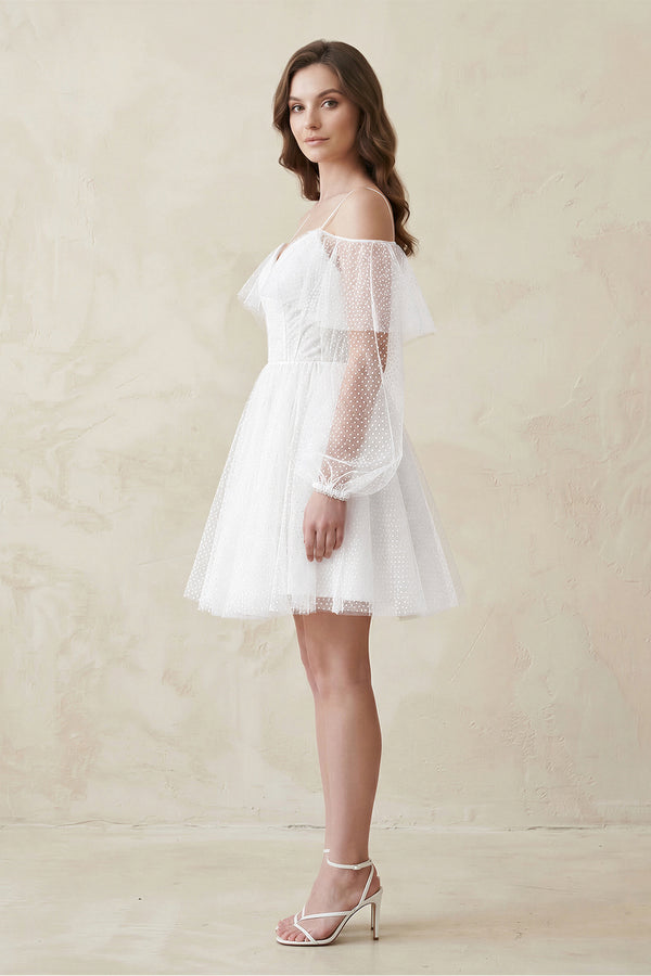 White Cold-Shoulder A-Line Tulle Mini Wedding Dress With Sleeves (3) | KISSBRIDAL