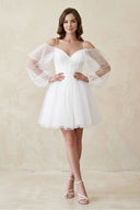 White Cold-Shoulder A-Line Tulle Mini Wedding Dress With Sleeves | KISSBRIDAL