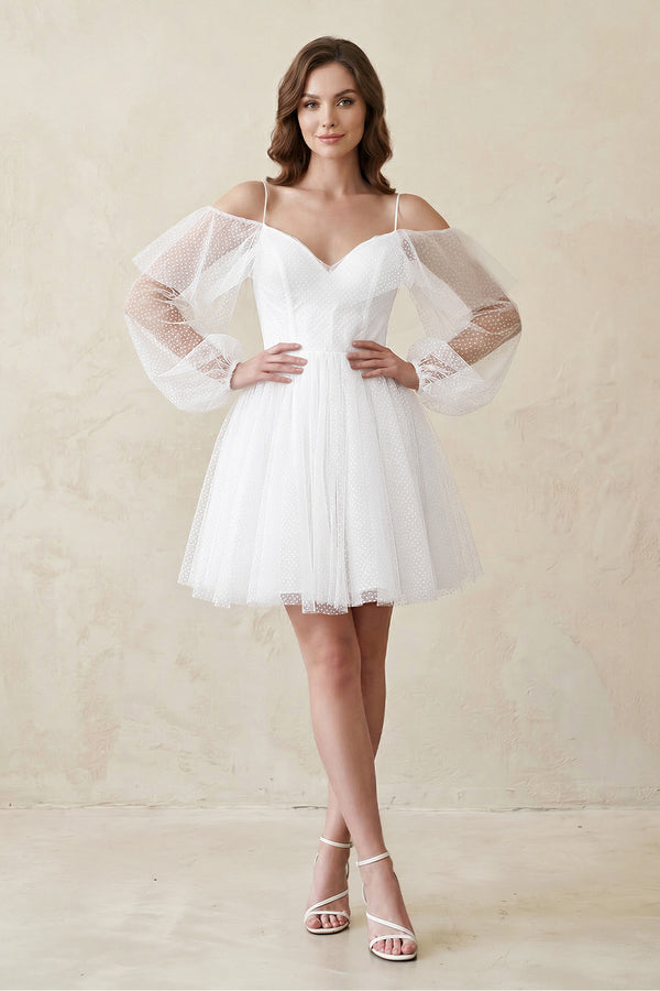 White Cold-Shoulder A-Line Tulle Mini Wedding Dress With Sleeves | KISSBRIDAL