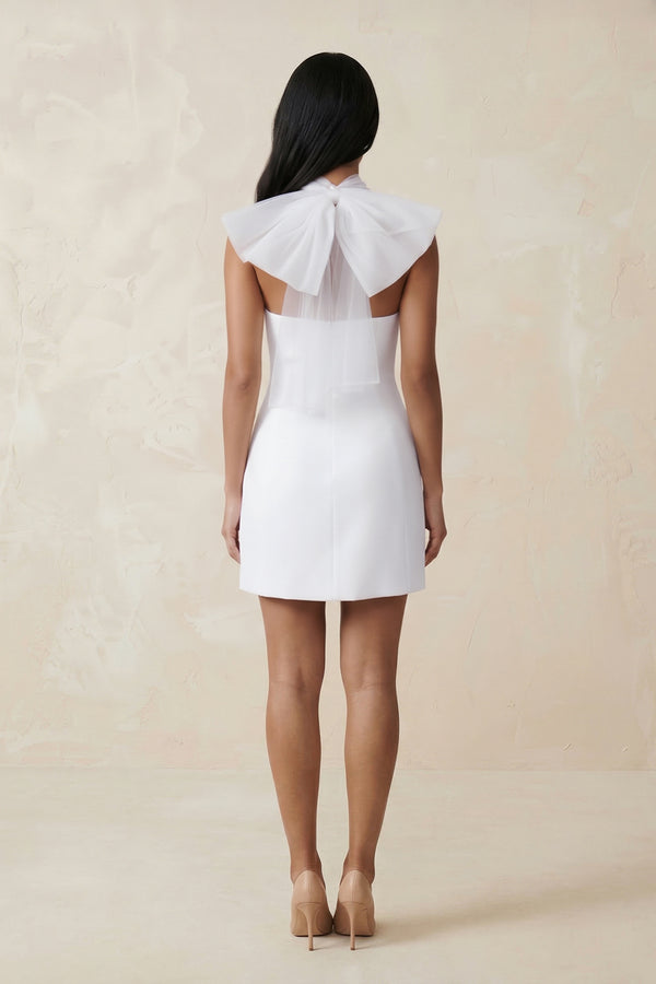 White Cross Halter Sheath Satin Mini Wedding Dress (3) | KISSBRIDAL