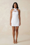 White Cross Halter Sheath Satin Mini Wedding Dress | KISSBRIDAL