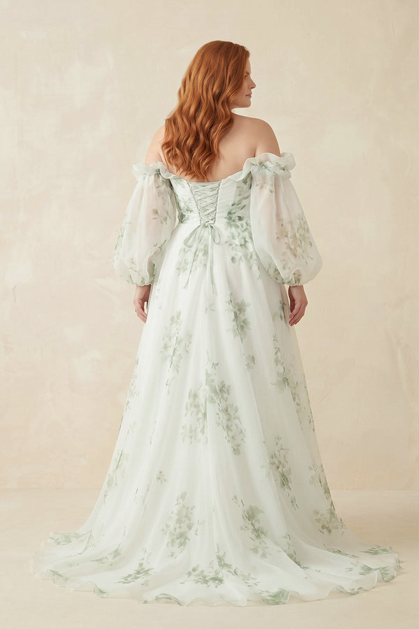White Floral Printed Organza A-Line Off-the-Shoulder Wedding Dress (2) [sizeplus] | KISSBRIDAL