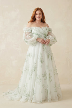 White Floral Printed Organza A-Line Off-the-Shoulder Wedding Dress [sizeplus] | KISSBRIDAL