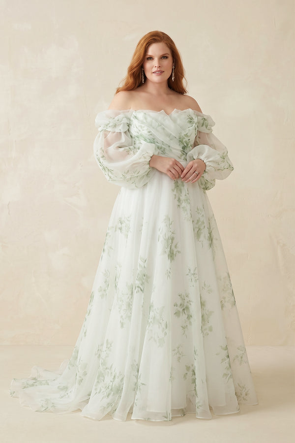 White Floral Printed Organza A-Line Off-the-Shoulder Wedding Dress [sizeplus] | KISSBRIDAL