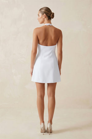 White Halter Satin A-Line Mini Wedding Dress with Bow (2) | KISSBRIDAL