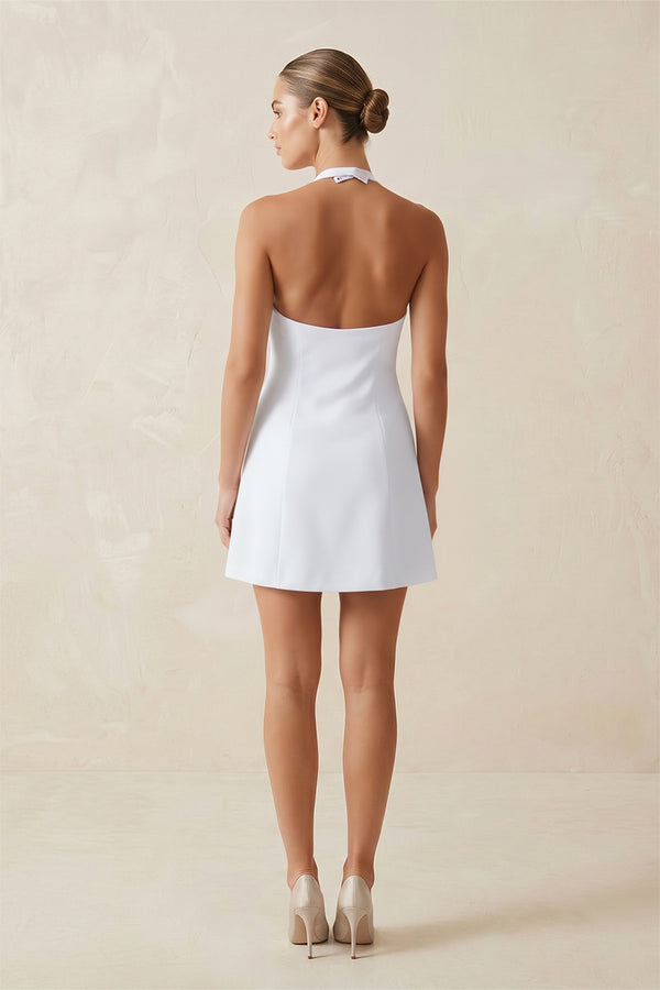 White Halter Satin A-Line Mini Wedding Dress with Bow (2) | KISSBRIDAL