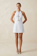 White Halter Satin A-Line Mini Wedding Dress with Bow | KISSBRIDAL