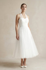 White Halter Tulle A - Line Midi Wedding Dress - KISS BRIDAL Wedding Dresses