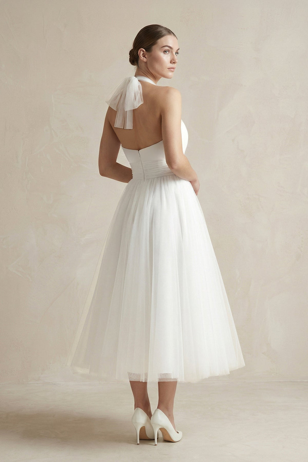 White Halter Tulle A - Line Midi Wedding Dress - SHE IS ME Wedding Dresses