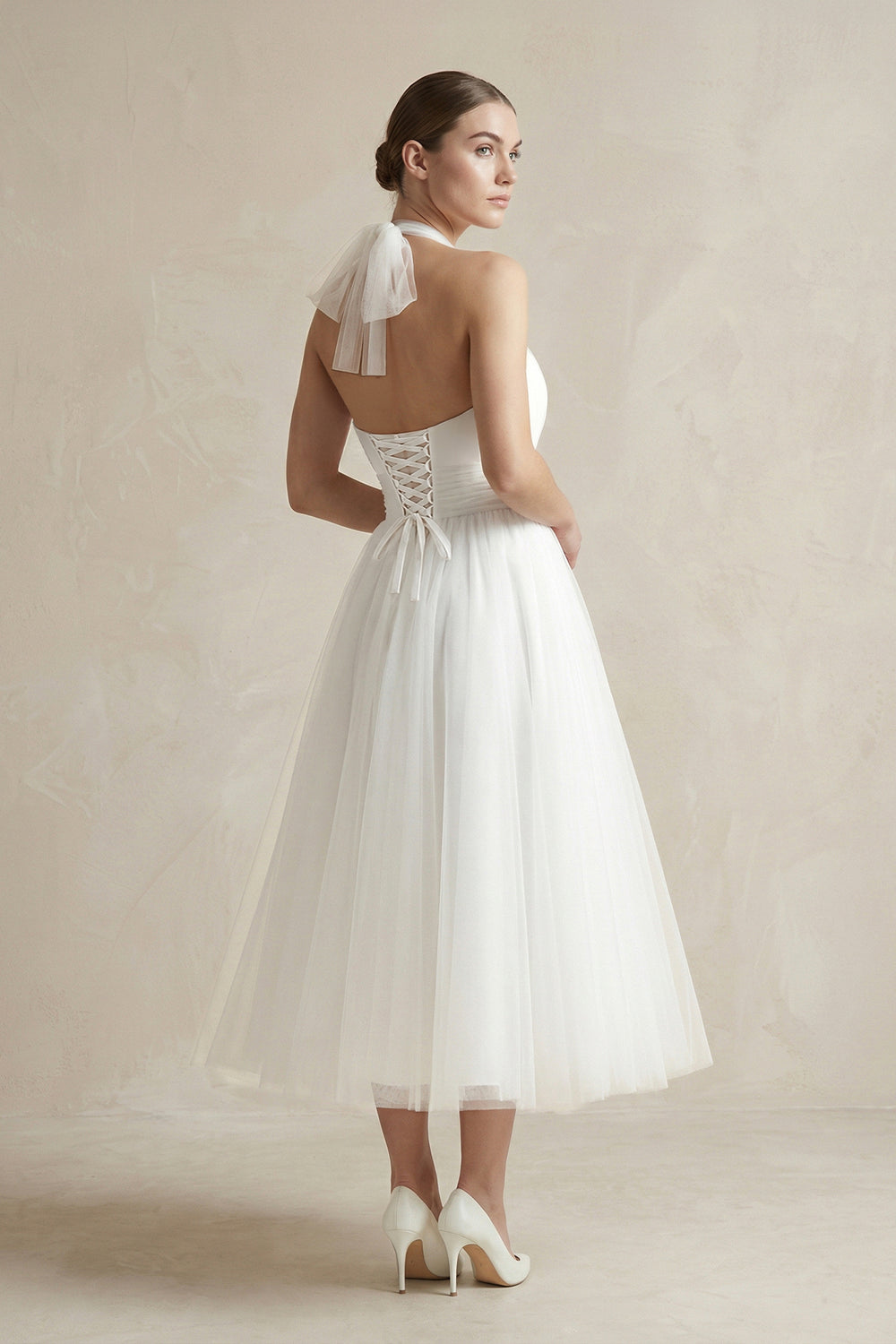 White Halter Tulle A - Line Midi Wedding Dress - KISS BRIDAL Wedding Dresses