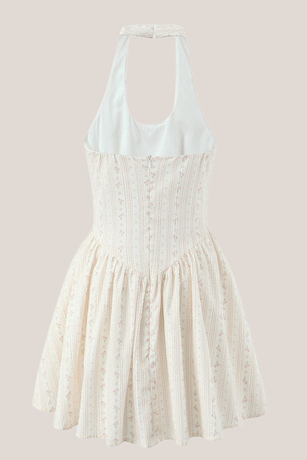 White Halter Vintage Rose Printed A - Line Mini Dress - SHE IS ME Dresses