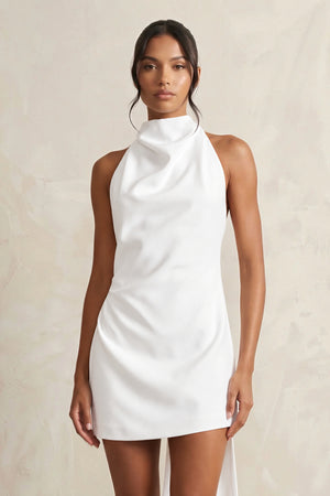 White High-Neck Sheath Crepe Mini Wedding Dress (3) | KISSBRIDAL