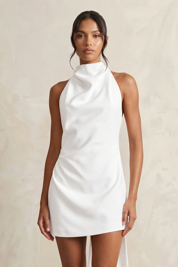 White High-Neck Sheath Crepe Mini Wedding Dress (3) | KISSBRIDAL