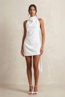 White High-Neck Sheath Crepe Mini Wedding Dress | KISSBRIDAL