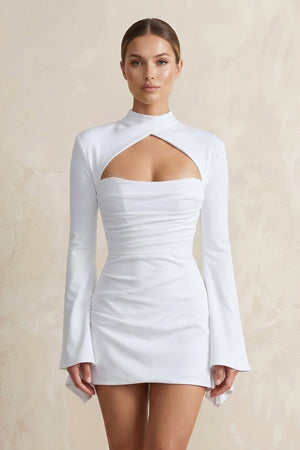 White High-Neck Sheath Keyhole Satin Long Sleeves Wedding Dress (3) | KISSBRIDAL