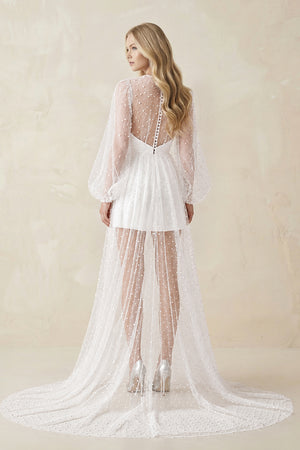 White Illusion A-Line Long Sleeves Mini Wedding Dress With Beaded (2) | KISSBRIDAL