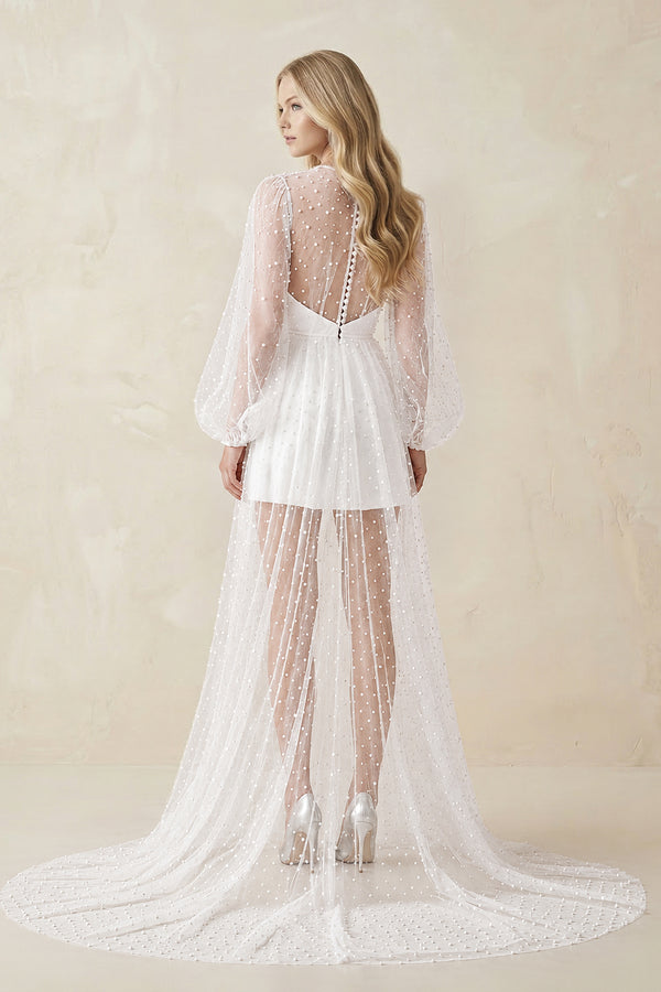 White Illusion A-Line Long Sleeves Mini Wedding Dress With Beaded (2) | KISSBRIDAL