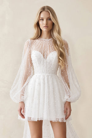 White Illusion A-Line Long Sleeves Mini Wedding Dress With Beaded (3) | KISSBRIDAL