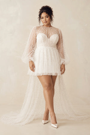 White Illusion A-Line Long Sleeves Mini Wedding Dress With Beaded [sizeplus] | KISSBRIDAL