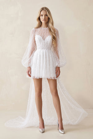 White Illusion A-Line Long Sleeves Mini Wedding Dress With Beaded | KISSBRIDAL