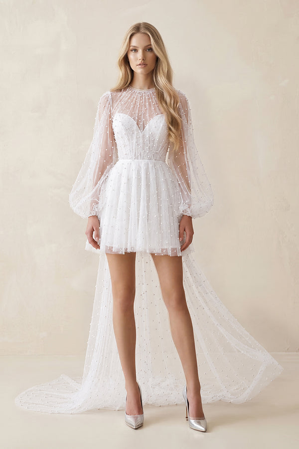 White Illusion A-Line Long Sleeves Mini Wedding Dress With Beaded | KISSBRIDAL