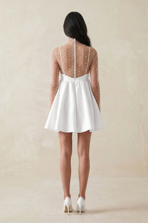 White Illusion Neck A-Line Satin Bow Mini Wedding Dress With Pearl (2) | KISSBRIDAL