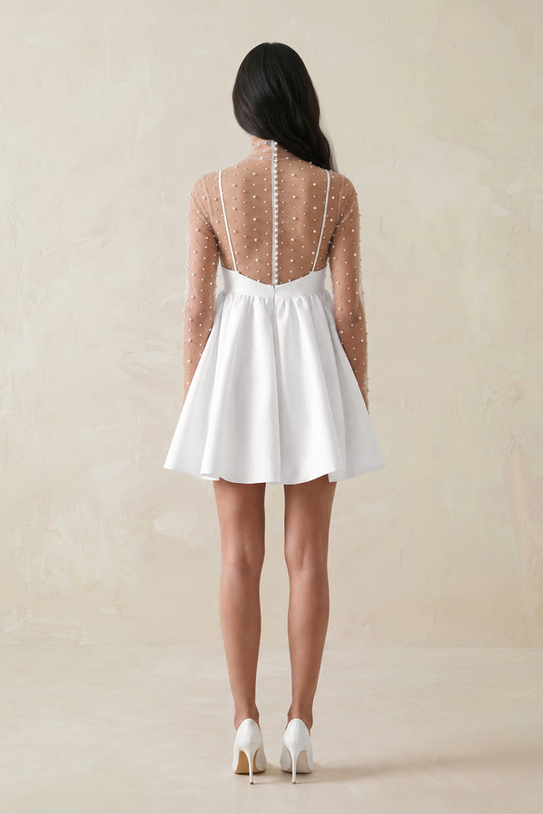 White Illusion Neck A-Line Satin Bow Mini Wedding Dress With Pearl (2) | KISSBRIDAL