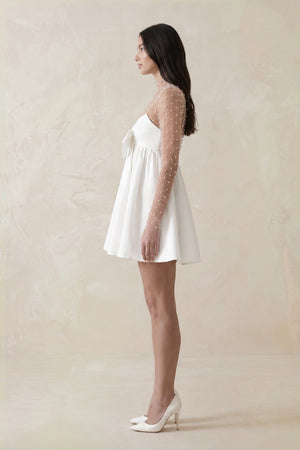 White Illusion Neck A-Line Satin Bow Mini Wedding Dress With Pearl (3) | KISSBRIDAL