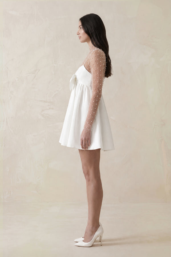 White Illusion Neck A-Line Satin Bow Mini Wedding Dress With Pearl (3) | KISSBRIDAL