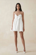 White Illusion Neck A-Line Satin Bow Mini Wedding Dress With Pearl | KISSBRIDAL
