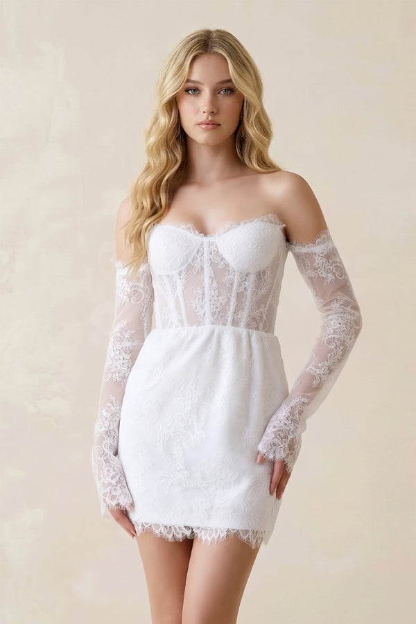 White Lace Long Sleeves Sweetheart Sheath Mini Wedding Dress (3) | KISSBRIDAL