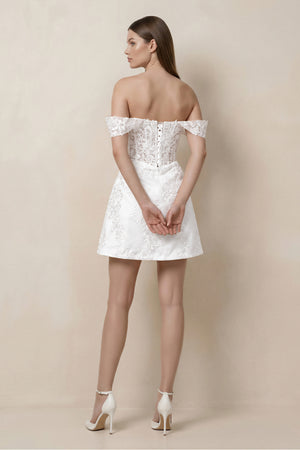 White Lace Sheath A-Line Off-the-Shoulder Mini Wedding Dress (2) | KISSBRIDAL