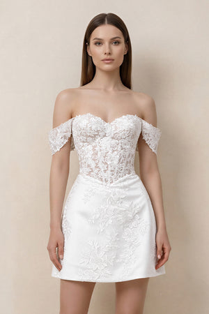 White Lace Sheath A-Line Off-the-Shoulder Mini Wedding Dress (3) | KISSBRIDAL