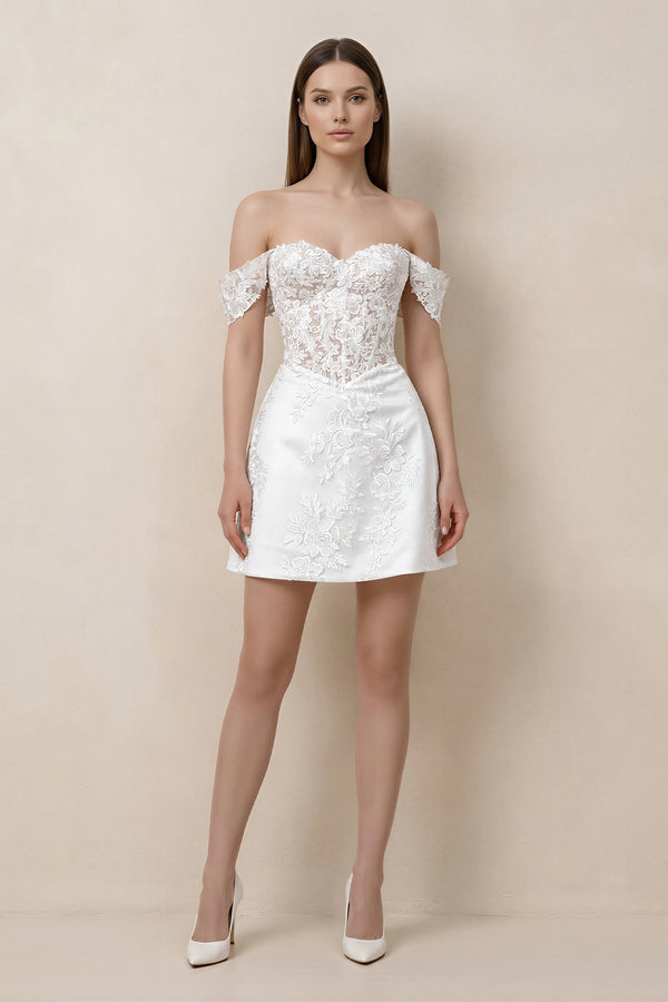 White Lace Sheath A-Line Off-the-Shoulder Mini Wedding Dress | KISSBRIDAL
