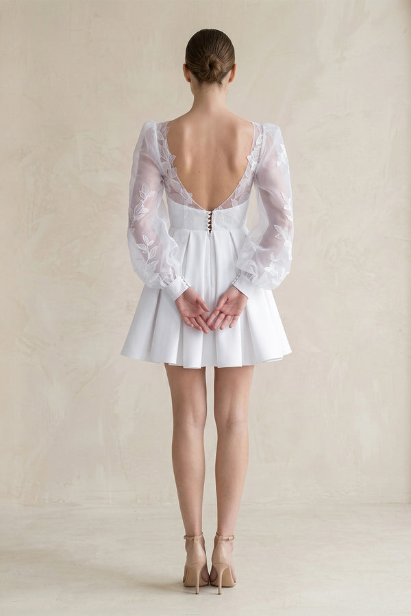 White Lace V-Neck A-Line Satin Wedding Dress With Long Sleeves (2) | KISSBRIDAL
