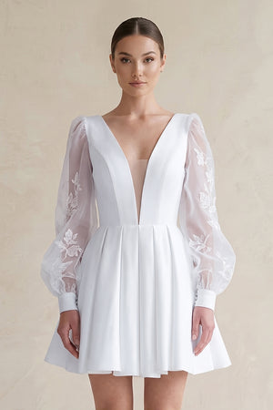 White Lace V-Neck A-Line Satin Wedding Dress With Long Sleeves (3) | KISSBRIDAL