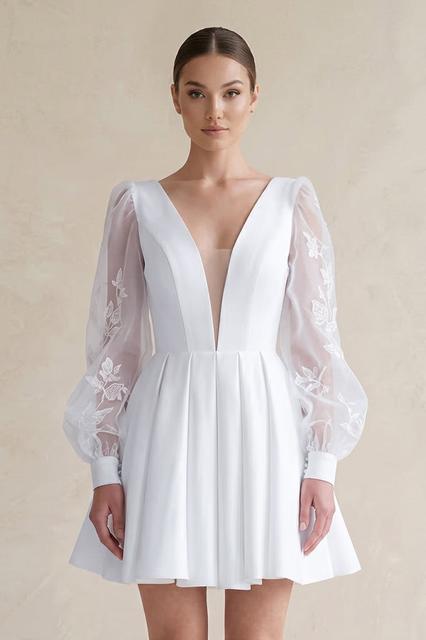 White Lace V-Neck A-Line Satin Wedding Dress With Long Sleeves (3) | KISSBRIDAL