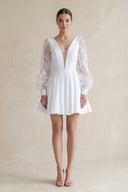 White Lace V-Neck A-Line Satin Wedding Dress With Long Sleeves | KISSBRIDAL