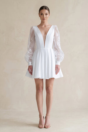 White Lace V-Neck A-Line Satin Wedding Dress With Long Sleeves | KISSBRIDAL