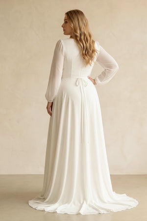 White Long Sleeves V-Neck Chiffon A-Line Wedding Dress (2) [sizeplus] | KISSBRIDAL